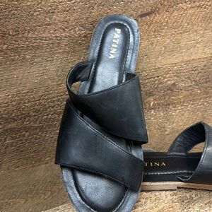 Patina Portland Leather Black Slide On Double Strap Sandal